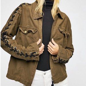 Free People Black Lace-up Sleeve Faye Military Jacket Size Small